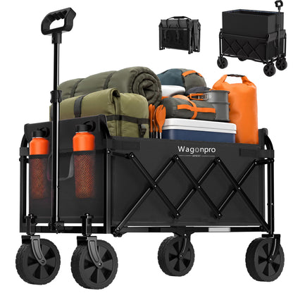 Collapsible Wagon Cart with Wheels, Expandable Dual-Layer Utility Wagon with 100% Extra Space, Heavy Duty Folding Garden Cart with 220 lbs Capacity, Lightweight Steel Frame, All-Terrain Swivel Wheels