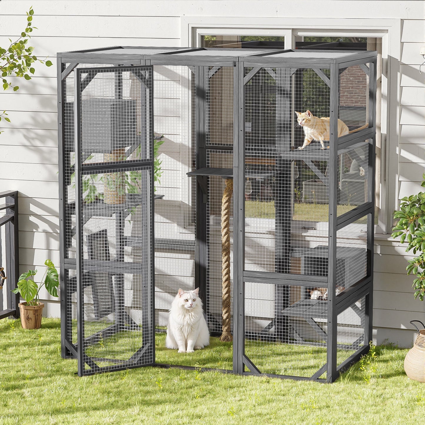 Segmart Grey Cat House Large, Weatherproof UV Proof Walk-in Wooden Cat Enclosure Large for Multiple Cats, Upgrade Luxury Cat Condo Cage Playpen with Sunshine Board, Dark Grey