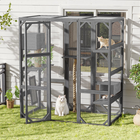 Segmart Grey Cat House Large, Weatherproof UV Proof Walk-in Wooden Cat Enclosure Large for Multiple Cats, Upgrade Luxury Cat Condo Cage Playpen with Sunshine Board, Dark Grey
