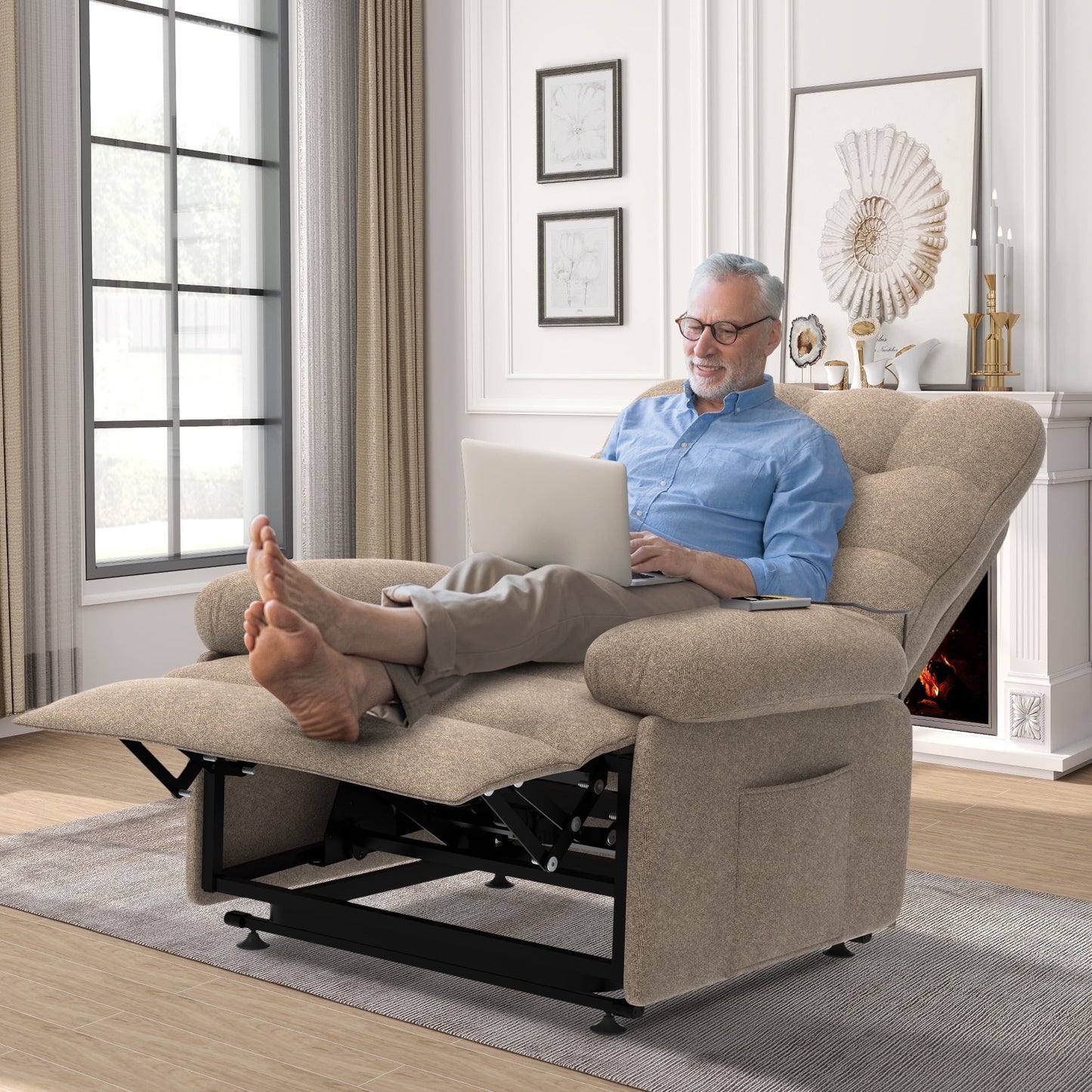 SEGMART Electric Power Lift Recliner Chair, Heavy Duty Classic Fabric Sofa Chair for Elderly, Ergonomic Lounge Single Sofa with Plush Extended Arms and Remote Control, 3 Positions,Beige