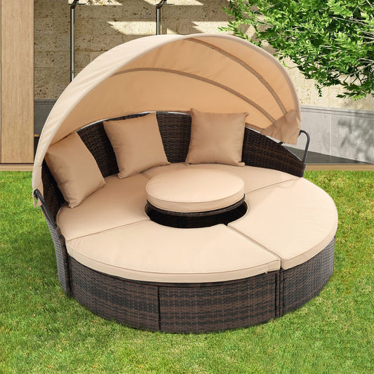 Segmart Hot Sale KD Rattan Round Lounge With Canopy Bali Canopy Bed Outdoor, Wicker Outdoor Sofa Bed with lift coffee table