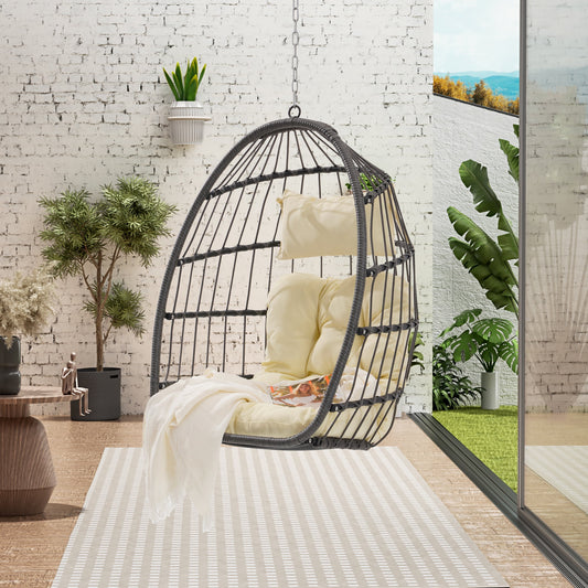 Segmart Indoor Outdoor Swing Egg Chair, Patio Foldable Grey Wicker Rattan Hanging Chair with Cushion, Beige
