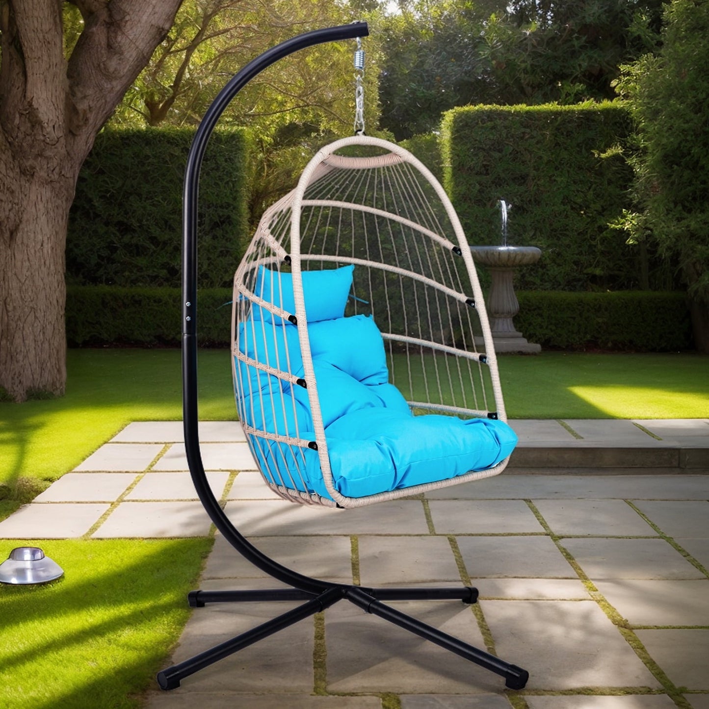 Egg Hanging Chair with Stand - Foldable Patio Swing Chair, Hanging Egg Chair, Wicker Swing with Cushion & Headrest for Garden, Balcony, Porch,350lb Capacity ,Beige