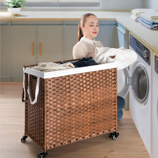 Segmart Laundry Hamper With Lid PE Rattan Powder Coating Frame Clothes Hampers With 2 Removable Bags, 160L, Brown Wicker Bath & Faucets Bathroom Storage