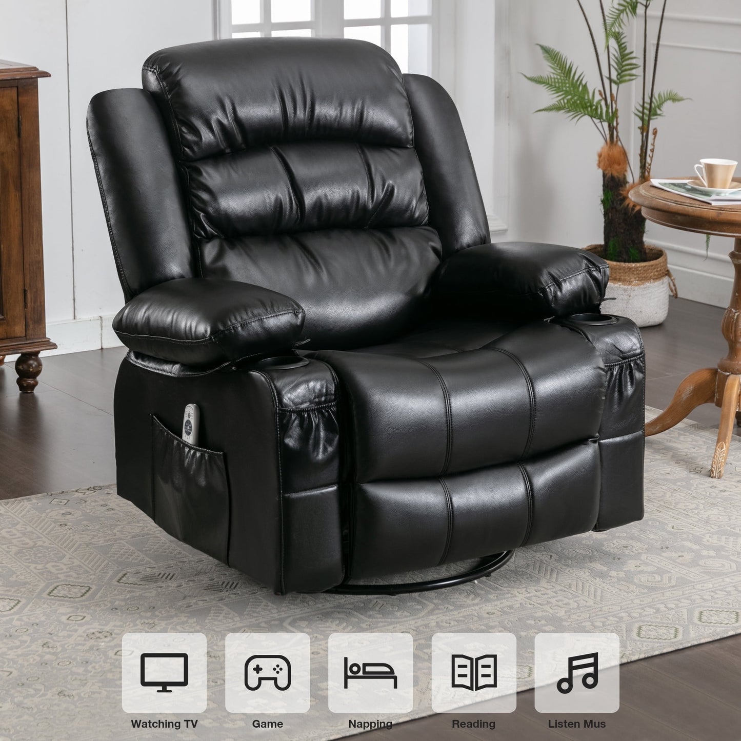 Segmart 360° Swivel Massage Recliner Chairs with Remote Control, PU Leather 8-Point Vibration Massage Recliner Chair with USB Charger, Cup Holders Bread-Type Handrail & Padded Seat Backrest, Black