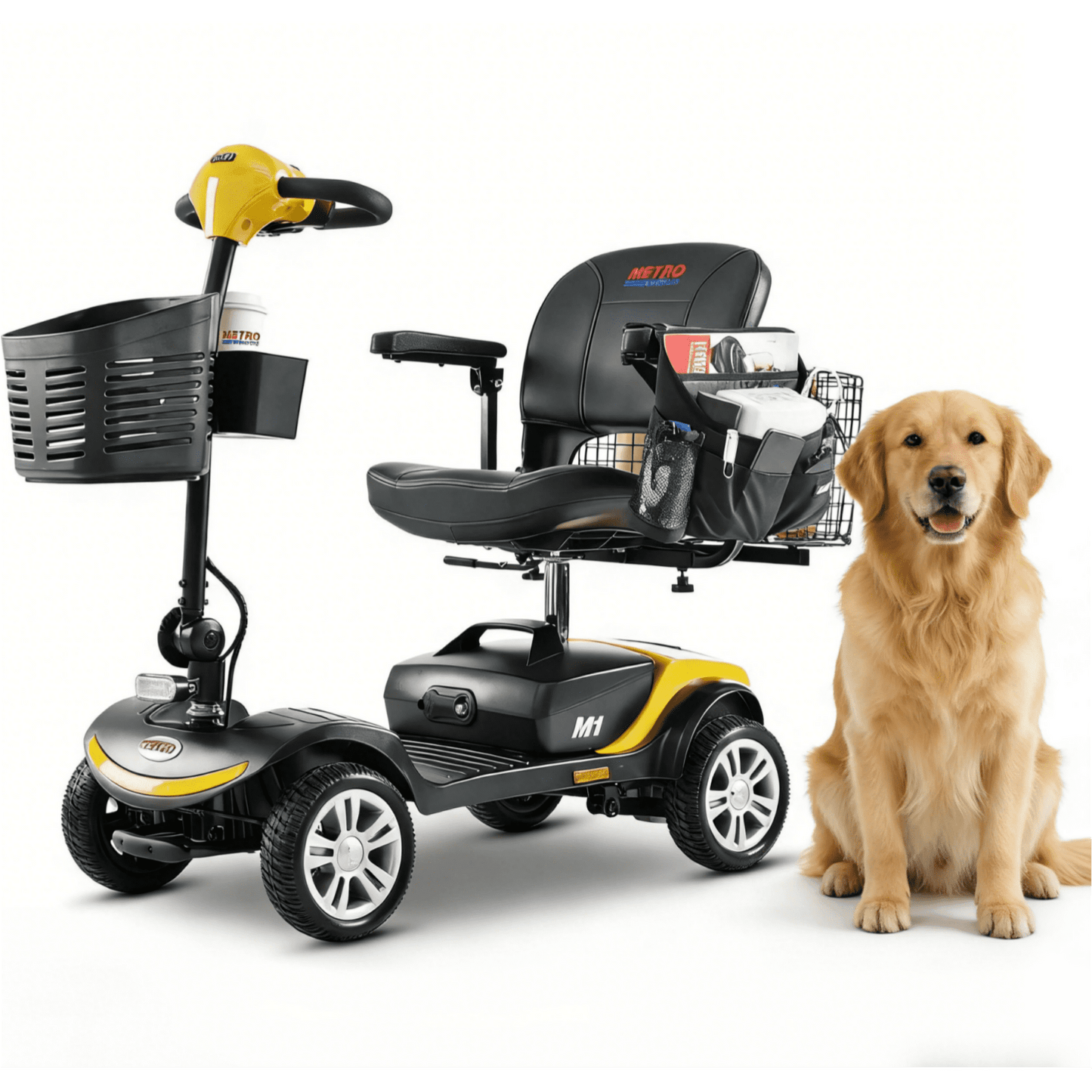 4 Wheel Mobility Scooter for Seniors, Foldable Lightweight Electric Travel Scooter with LED Lights, 360° Swivel Seat, Portable Power Mobility Scooter,300 lbs Max for Adult & Elderly– Yellow