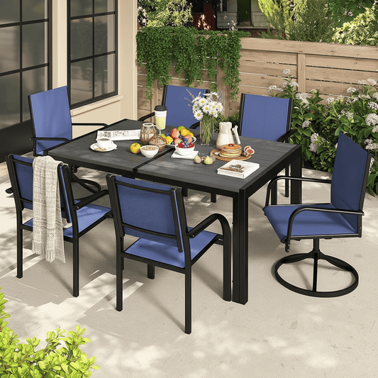 Segmart Outdoor Dining Set for 6 Person, Patio Table and Chairs Set with Textilene Armchairs & Swivel Chair, Conversation Furniture Set for Backyard, Poolside, Blue