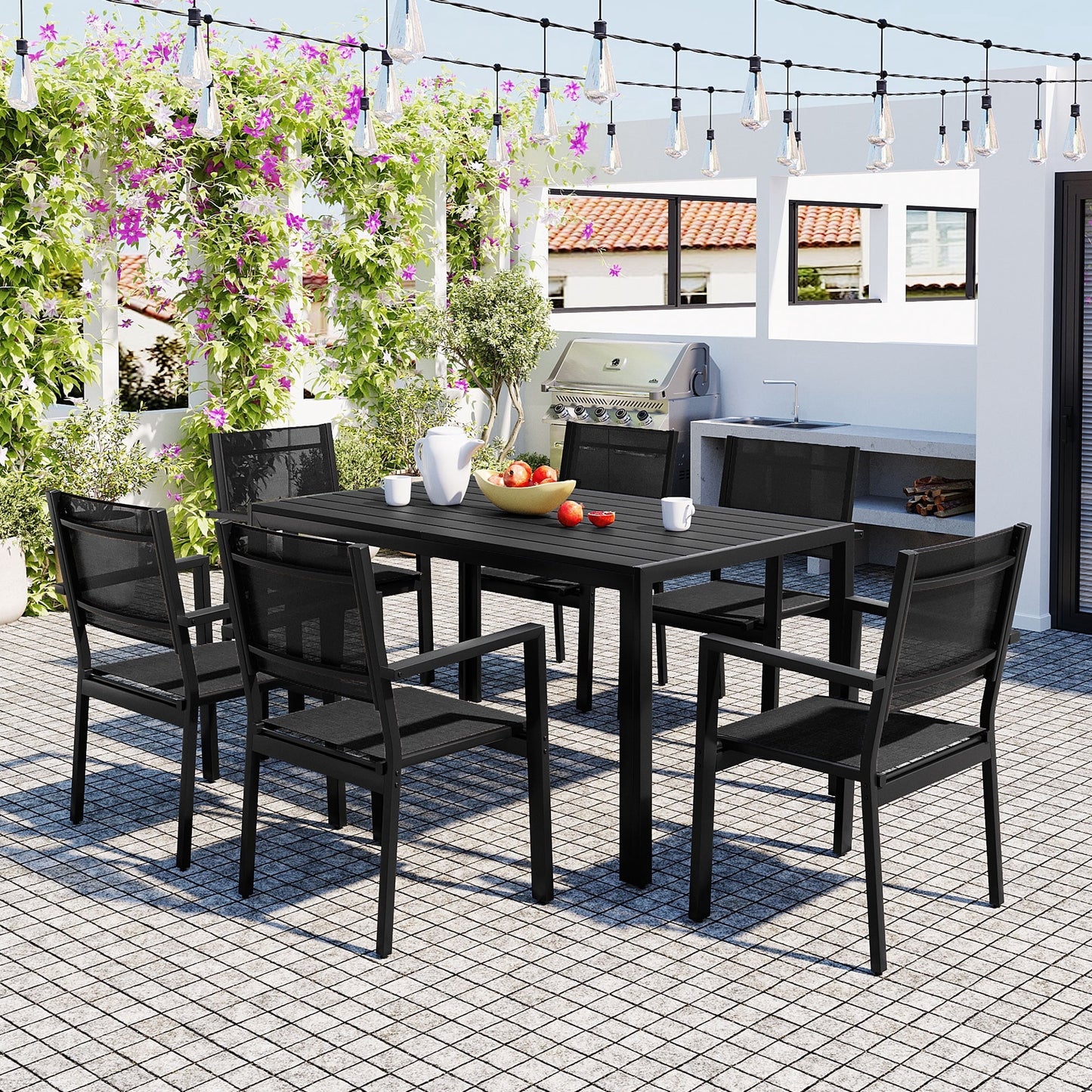 Segmart 7-Piece Outdoor Dining Set, Patio Table and 6 Chairs with Textile Fabric Seats, Metal Frame with 396 lbs Chair Capacity, Modern Garden Furniture for Backyard Balcony