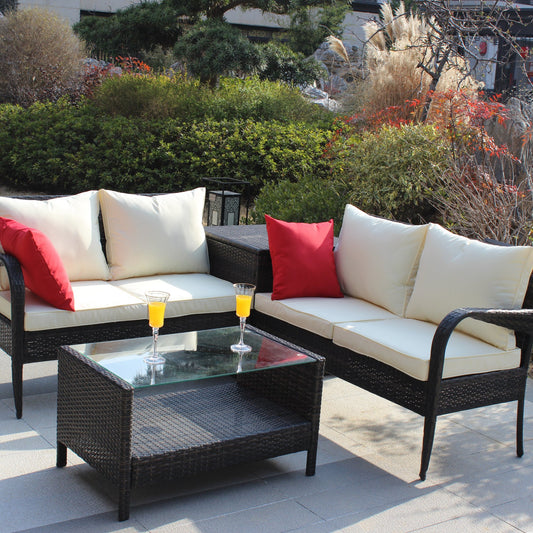 Segmart Outdoor Patio Conversation Set, Segmart 4PCS Outdoor Patio Rattan Sofa Set with Side Storage Box, Poolside Furniture Set for 4, Wicker Coffee Table, Beige and Brown