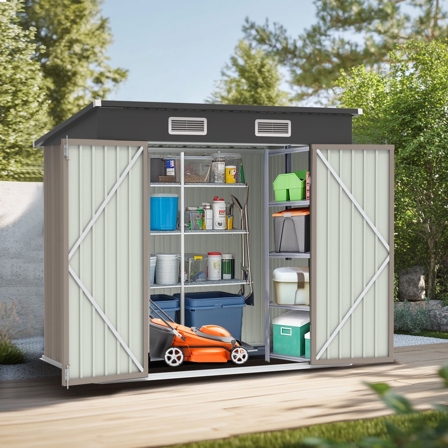 Segmart Outdoor Storage Shed, 6x4FT Galvanized Steel Metal Bike Shed with Lockable Door, Waterproof Outdoor Garden Storage Tools Shed with Apex Roof, for Garden, Backyard, White