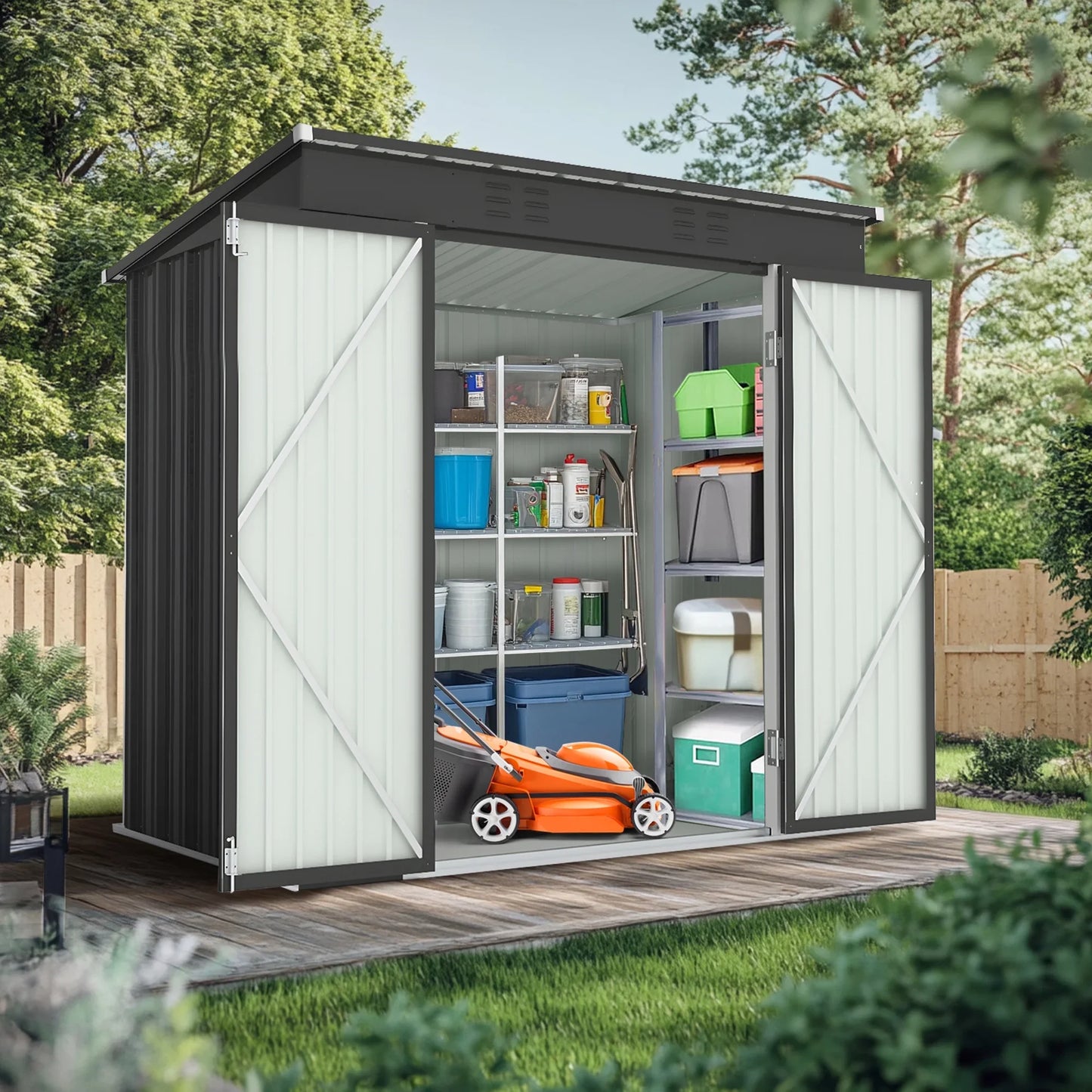 Segmart Outdoor Storage Shed, 6x4FT Galvanized Steel Metal Bike Shed with Lockable Door, Waterproof Outdoor Garden Storage Tools Shed with Apex Roof, for Garden, Backyard, White