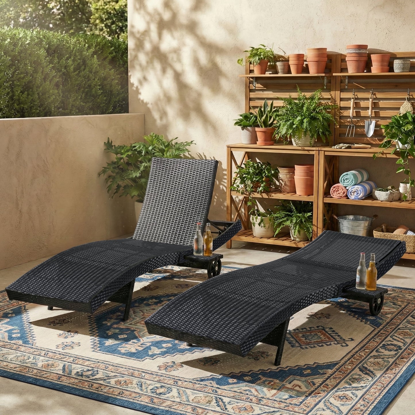 80" Outdoor Wicker Chaise Lounge Chairs Set of 2, Patio Rattan Reclining Chair with Pull-Out Side Table, 4-Position Adjustable Backrest, 470lbs Capacity, Weather-Resistant for Pool, Beach, Backyard