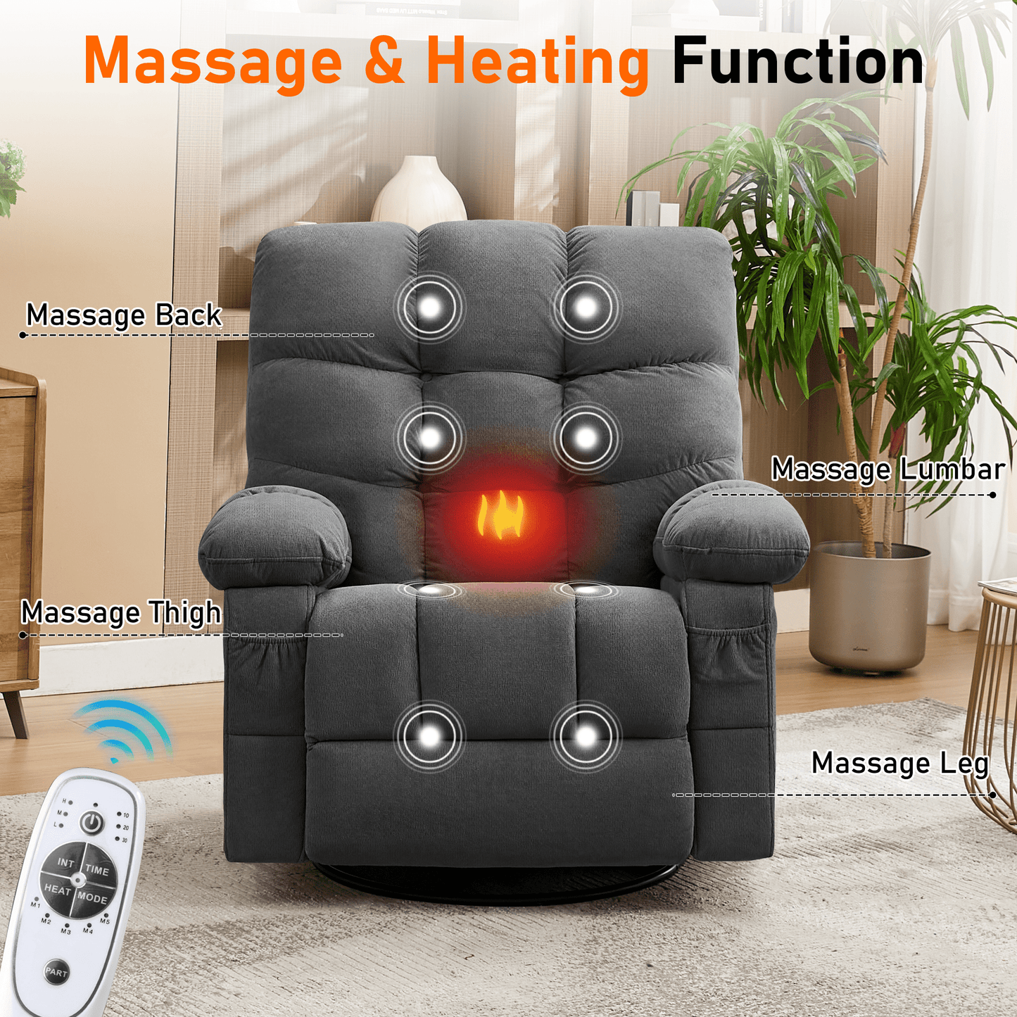 Segmart Oversized Swivel Recliner Chair with Vibration Massage & Lumbar Heating, 360-Degree Rocker Recliner Single Sofa with Side Pocket and USB Charge Port for Living Room, 350lbs,Gray