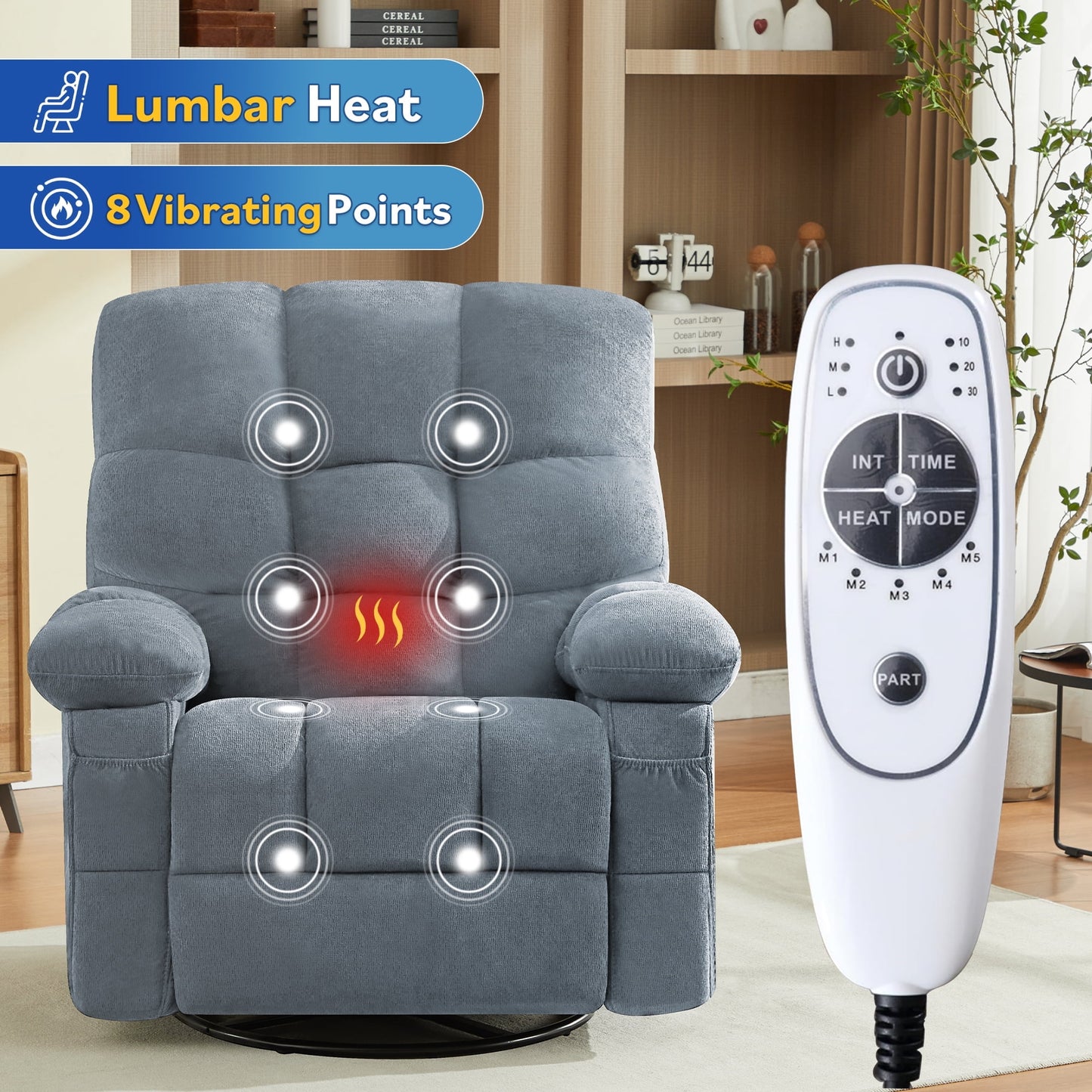 Segmart Oversized Swivel Recliner Chair with Vibration Massage & Lumbar Heating, 360-Degree Rocker Recliner Single Sofa with Side Pocket and USB Charge Port for Living Room, 350lbs,Gray