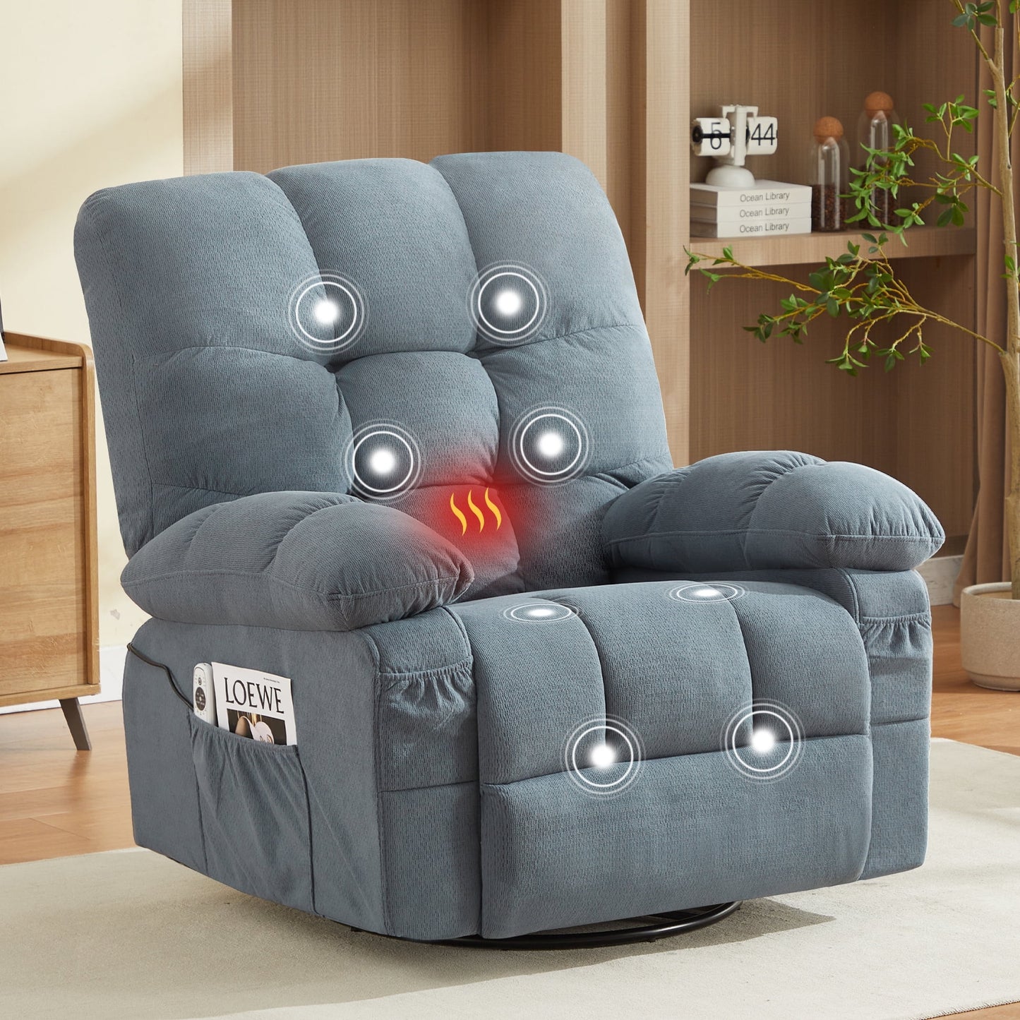 Segmart Oversized Swivel Recliner Chair with Vibration Massage & Lumbar Heating, 360-Degree Rocker Recliner Single Sofa with Side Pocket and USB Charge Port for Living Room, 350lbs,Green