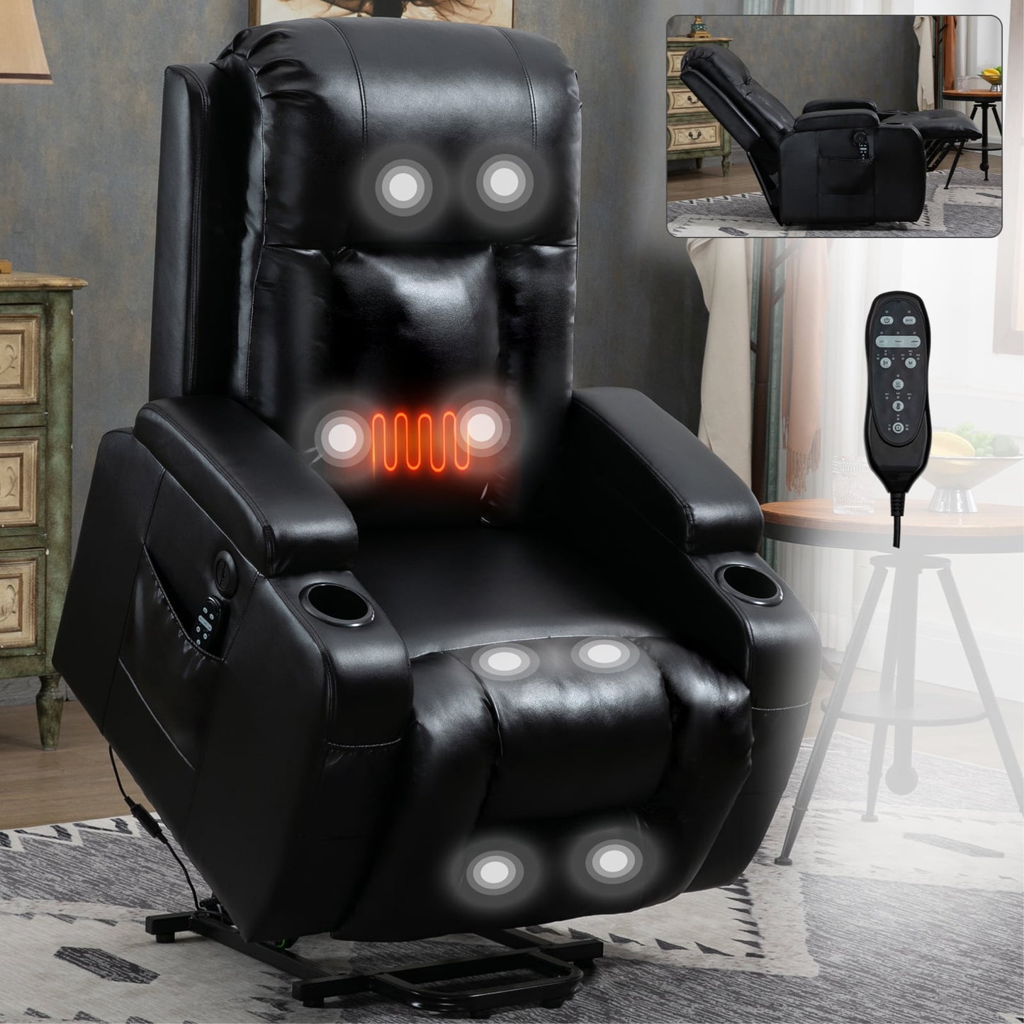 Power Lift Recliner Chair with Massage and Heat,Faux Leather Soft Chair with USB Charging&Cup Holders, Infinite Position Reclining,Heavy Duty 350 LBS Capacity
