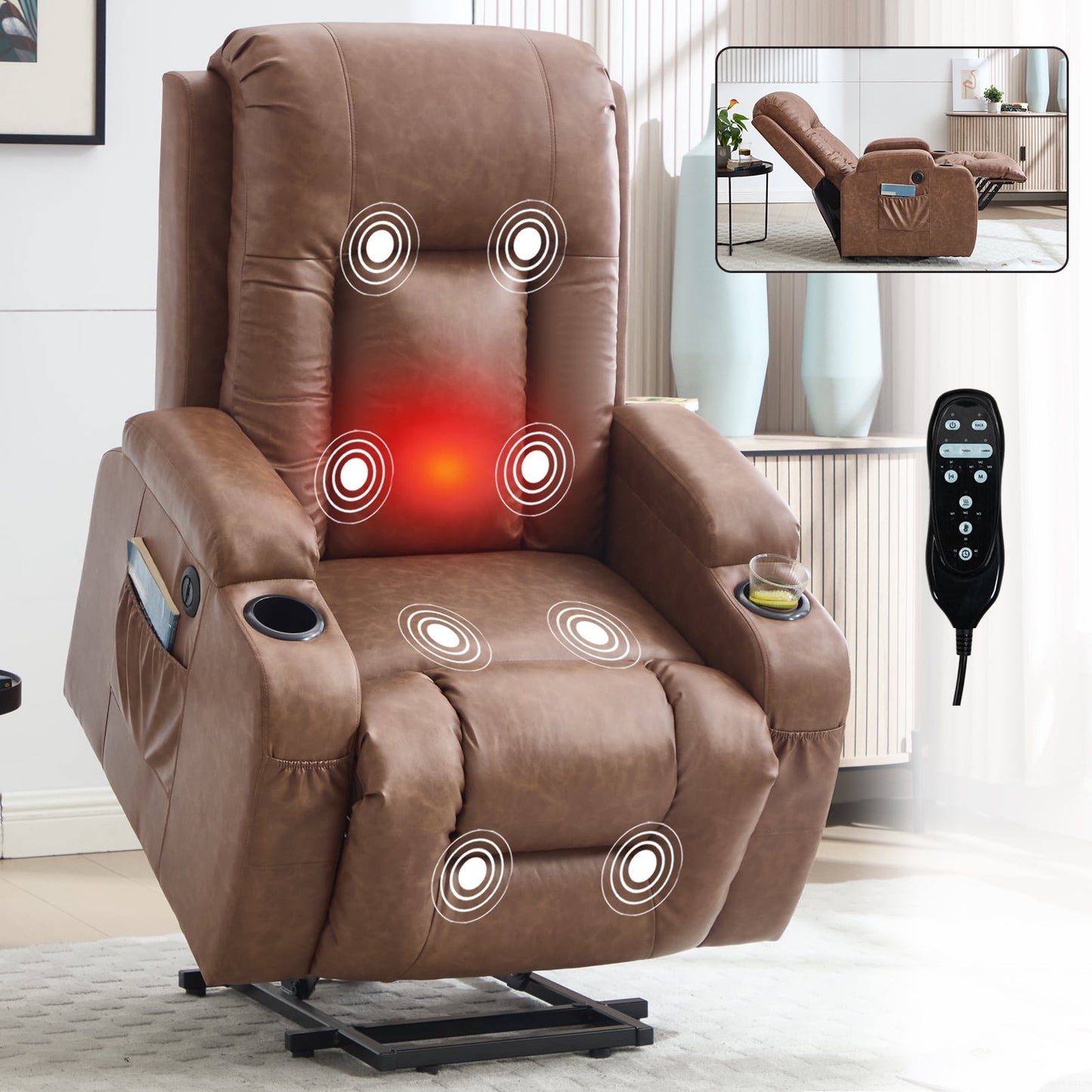 Power Lift Recliner Chair with Massage and Heat,Faux Leather Soft Chair with USB Charging&Cup Holders, Infinite Position Reclining,Heavy Duty 350 LBS Capacity