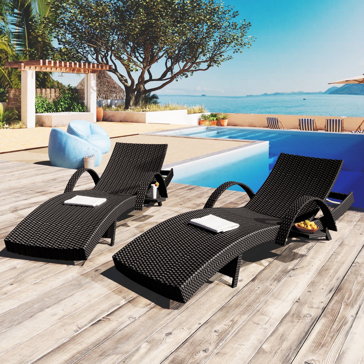 80" Outdoor Wicker Chaise Lounge Chairs Set of 2, Patio Rattan Reclining Chair with Pull-Out Side Table, 4-Position Adjustable Backrest, 470lbs Capacity, Weather-Resistant for Pool, Beach, Backyard