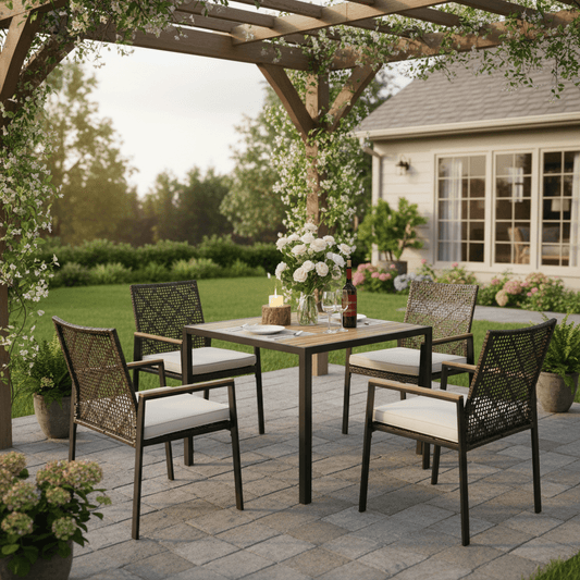 Segmart 5-Piece Patio Dining Set,All Weather Acacia Wood Table & PE Rattan Chairs, Water Resistant, 4-Seater Outdoor Furniture for Garden & Backyard，Light Gray