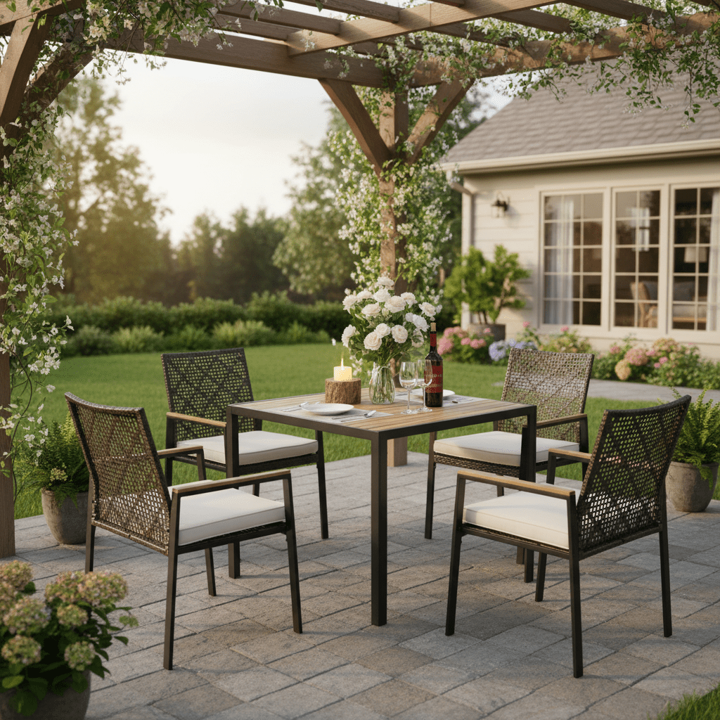 Segmart 5-Piece Patio Dining Set,All Weather Acacia Wood Table & PE Rattan Chairs, Water Resistant, 4-Seater Outdoor Furniture for Garden & Backyard，Dard Brown