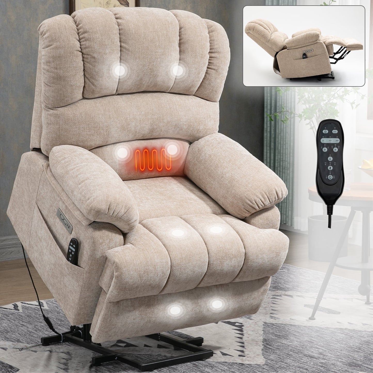 Extra Wide Power Lift Recliner Chair for Elderly, Oversized Chenille Lift Chair with 8-Point Massage & Lumbar Heat, USB Charging Port, Side Pockets, 350 lbs Capacity