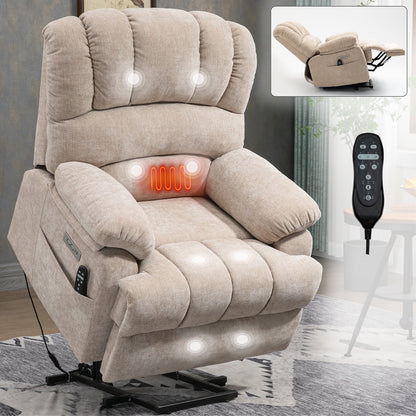 Extra Wide Power Lift Recliner Chair for Elderly, Oversized Chenille Lift Chair with 8-Point Massage & Lumbar Heat, USB Charging Port, Side Pockets, 350 lbs Capacity