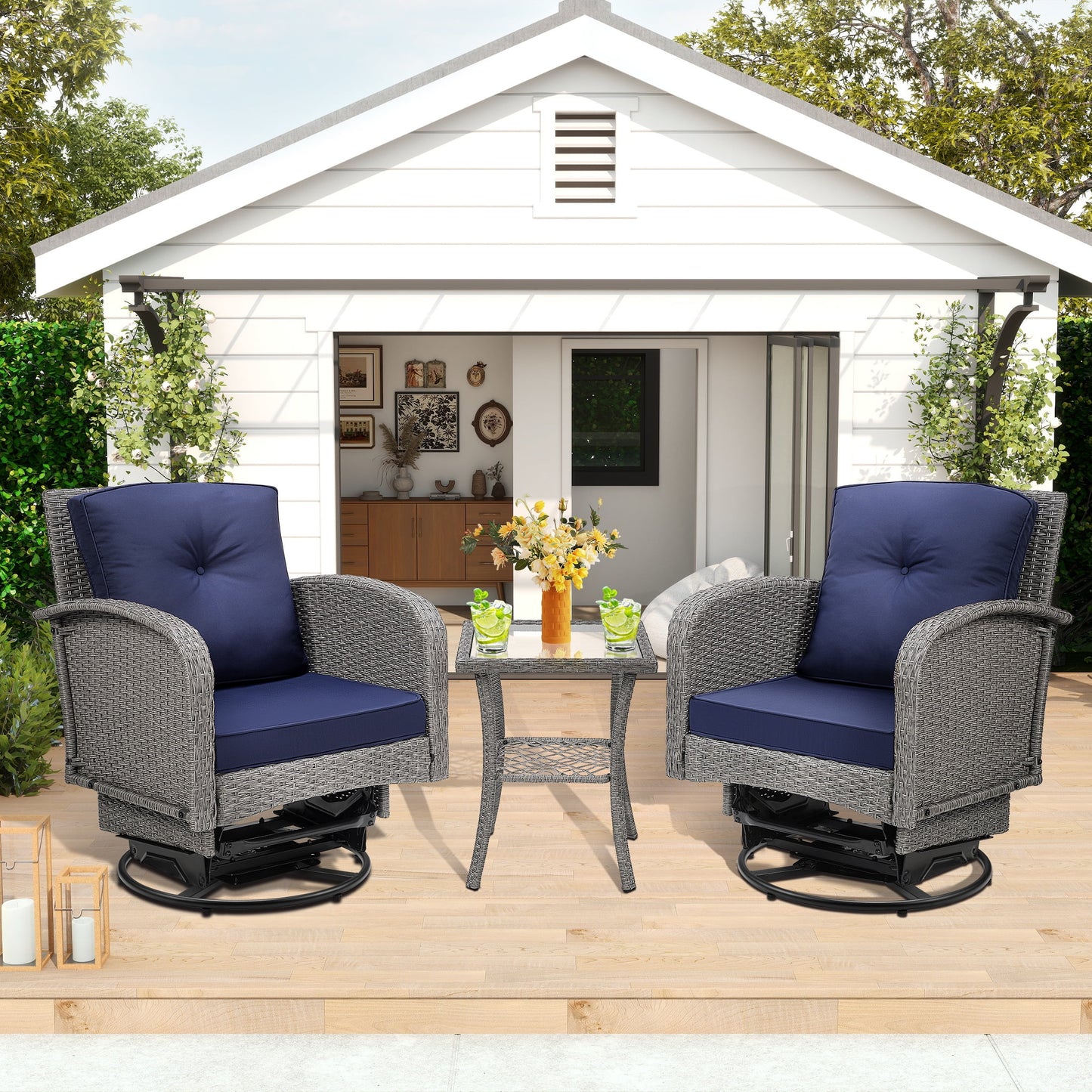 Patio Swivel Rocking Chairs Set, Segmart 3-Piece Outdoor 360° Rocking Patio Conversation Set with Thickened Cushions and Glass Coffee Table for Backyard, Max Weight 360 LBS, Navy