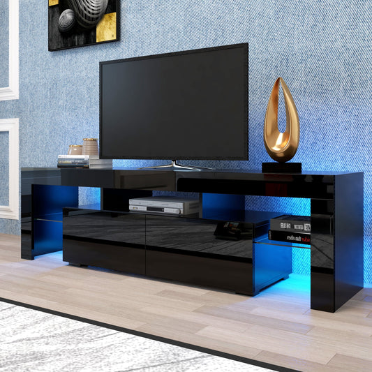 Segmart TV Stand for 70 inch TVs, Modern Black LED TV Stand with 16 Colors Light, TV Media Console High Gloss Entertainment Center with 2 Drawers and Open Shelves, Black, S9800