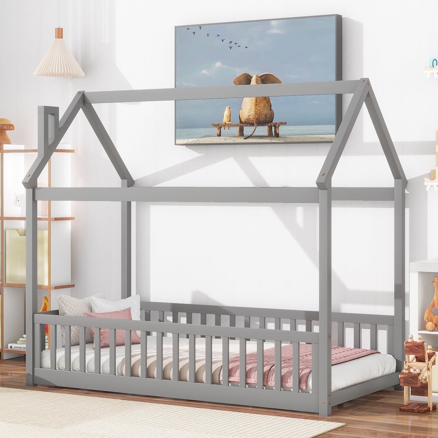 Twin Floor Bed for Boys, Segmart Twin House Bed with Safety Guardrails, Daybed Frame with Wood Slats, No Box Spring Needed, 200 lbs Weight Capacity, Gray