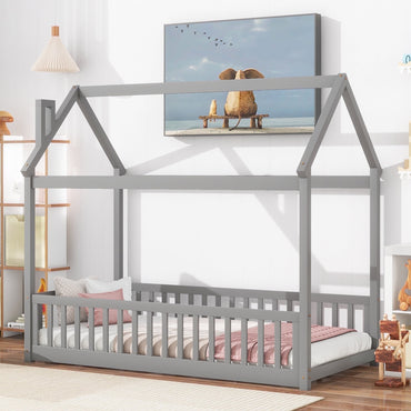 Twin Floor Bed for Boys, Segmart Twin House Bed with Safety Guardrails, Daybed Frame with Wood Slats, No Box Spring Needed, 200 lbs Weight Capacity, Gray