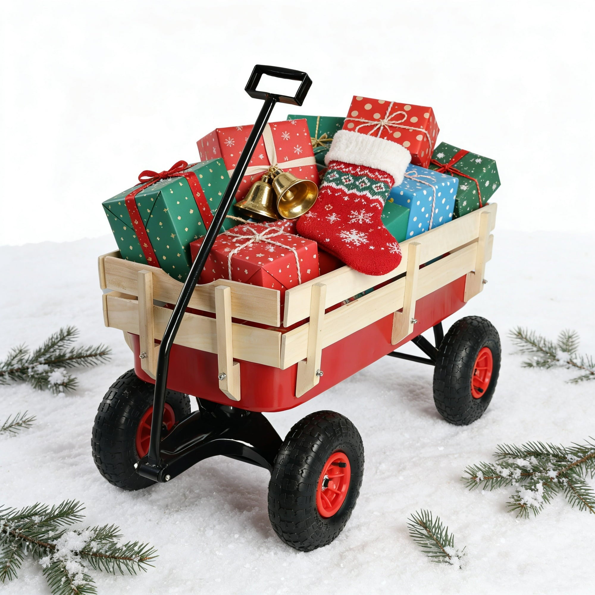 Cart Box Rails Outdoor Garden Wagon Cart with Wood Rails & Air Tires,All-Terrain Pull ...