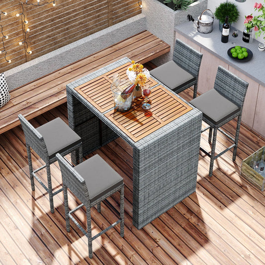 Segmart 5-pieces Outdoor Patio Wicker Bar Set, Bar Height Chairs With Non-Slip Feet And Fixed Rope, Removable Cushion, Acacia Wood Table Top, Brown Wood And Gray Wicker