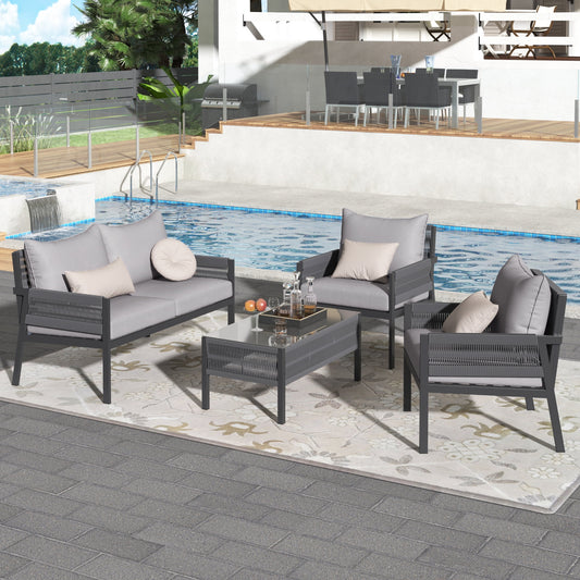 Segmart Wicker Patio Furniture Sets, 4PCS Outdoor Wicker Patio Sectional Sofa w/4 Padded Cushions, Tempered Glass Coffee Table, Armchair, Conversation Sets for Porch Backyard Garden, Beige