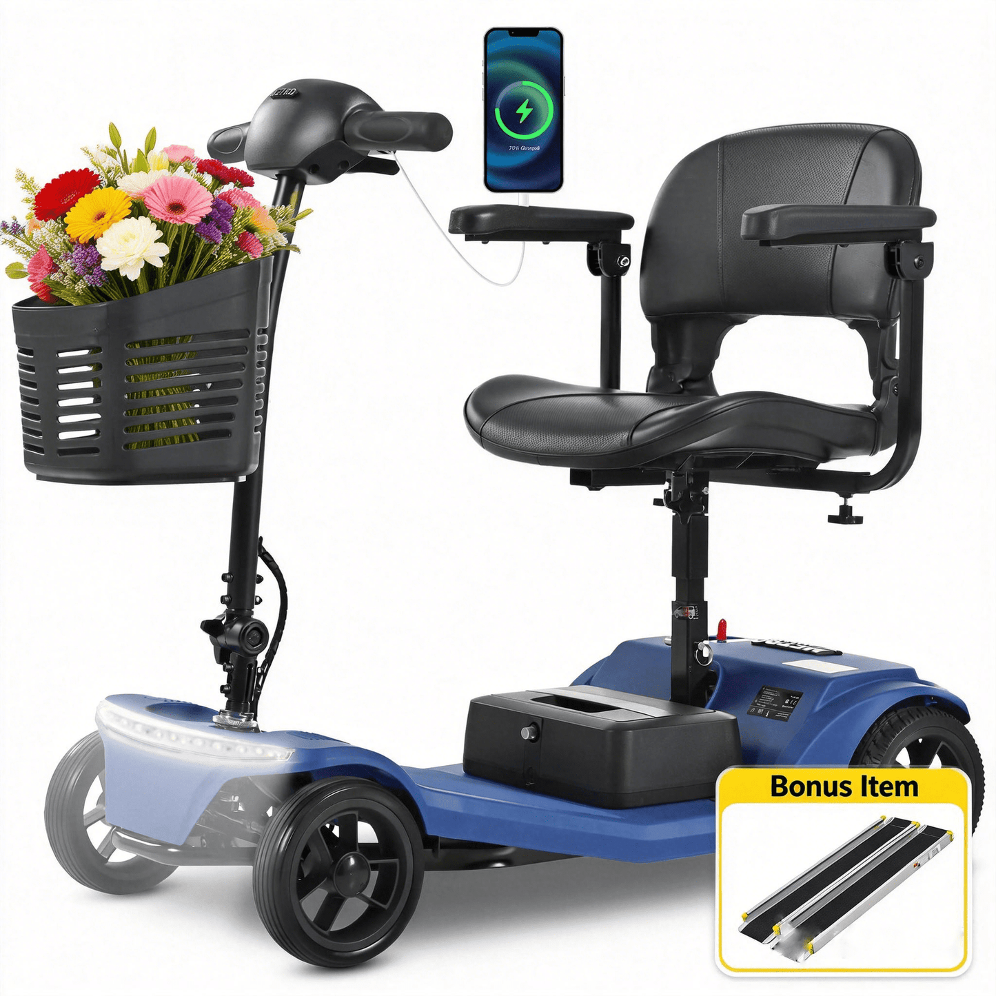 Segmart Electric Mobility Scooter for Seniors, 4-Wheel Folding Scooter with 300W Powerful Motor, 300 lbs Capacity, Folding with Adjustable Wheelchair Ramp, Blue