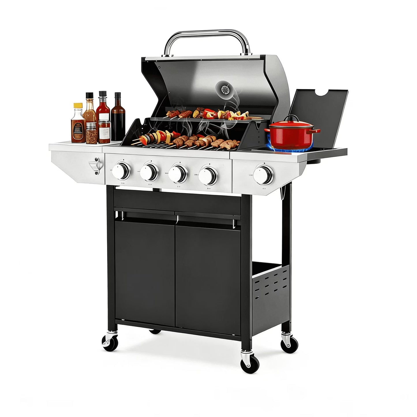 Sesslife 4 Burner Propane Gas Grill, 46,550 BTU Outdoor BBQ Grill with Side Burner, Stainless Steel Cooking Grill with Shelves and Gas Tank Hook, Fits for Patio, Garden Barbecue Grill, Black
