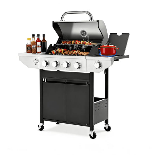 Sesslife 4 Burner Propane Gas Grill, 46,550 BTU Outdoor BBQ Grill with Side Burner, Stainless Steel Cooking Grill with Shelves and Gas Tank Hook, Fits for Patio, Garden Barbecue Grill, Black