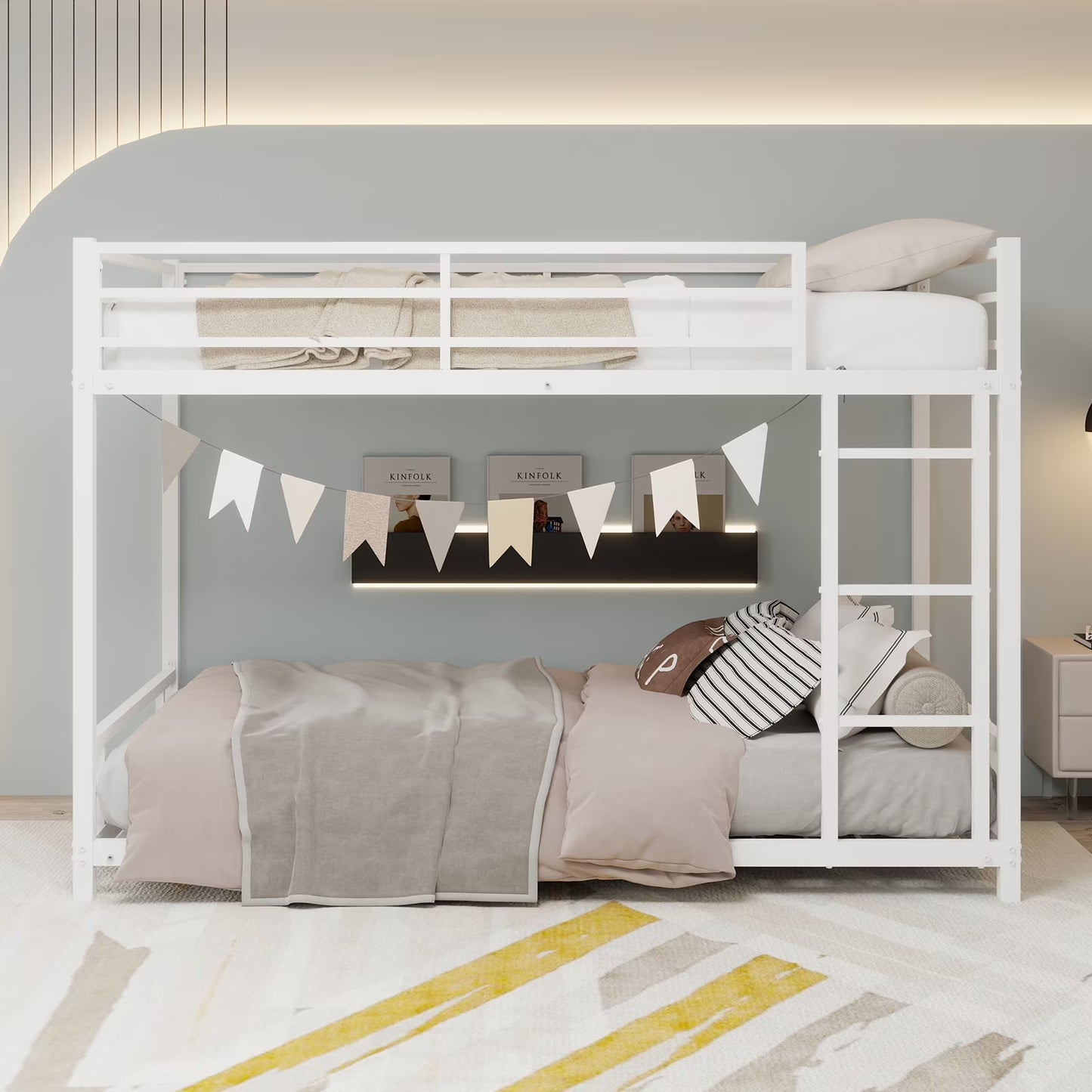 Sesslife Twin over Twin Bunk Bed, Convertible Trundle Bunk Bed Frame, With Flat Ladder & Safety Guardrail, Noise Reduced/No Box Spring Needed,for Dormitory, Bedroom, Guest Room, Apartment,white.