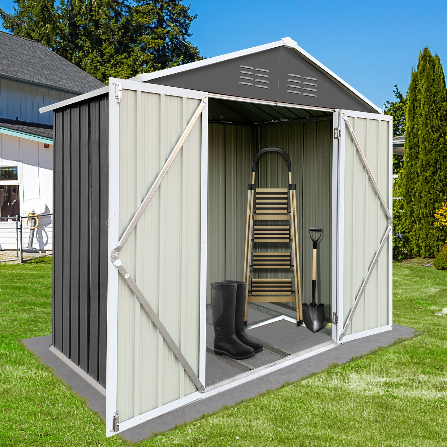 Segmart Outdoor Storage Shed, 6x4FT Galvanized Steel Metal Bike Shed with Lockable Door, Waterproof Outdoor Garden Storage Tools Shed with Apex Roof, for Garden, Backyard, and Patio Utility