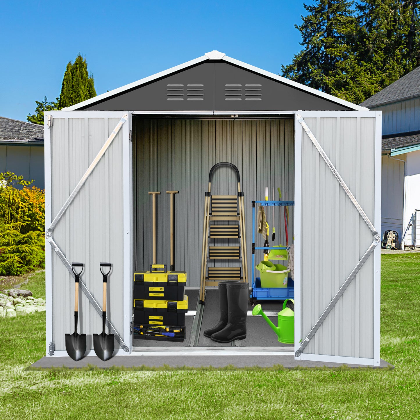 Segmart Outdoor Storage Shed, 6x4FT Galvanized Steel Metal Bike Shed with Lockable Door, Waterproof Outdoor Garden Storage Tools Shed with Apex Roof, for Garden, Backyard, and Patio Utility