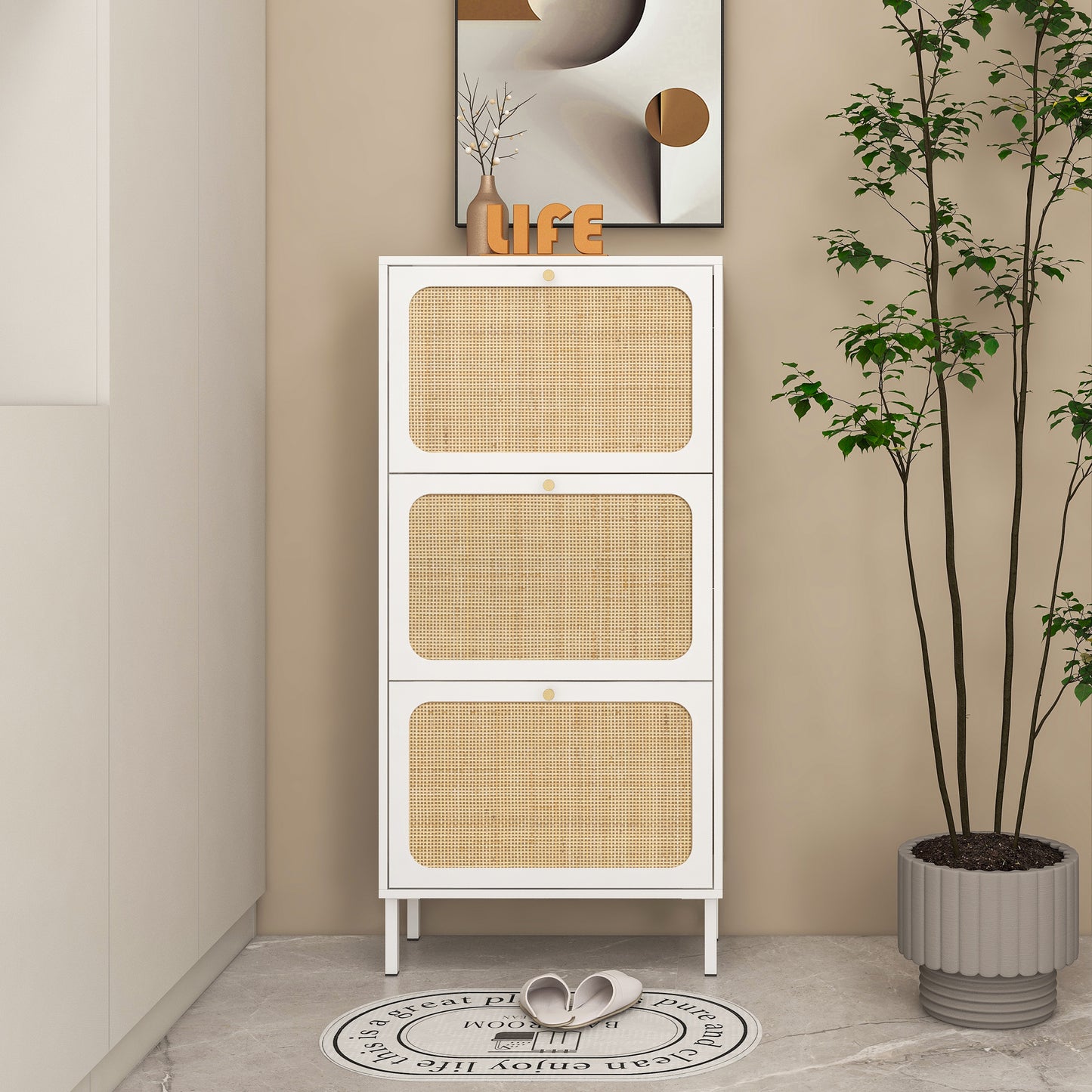 Segmart Shoe Cabinet with 3 Flip Drawers, Freestanding Narrow Shoe Rack with Woven Rattan Doors, Wood Natural Semi Circle Rattan Shoe Storage for Entryway, White