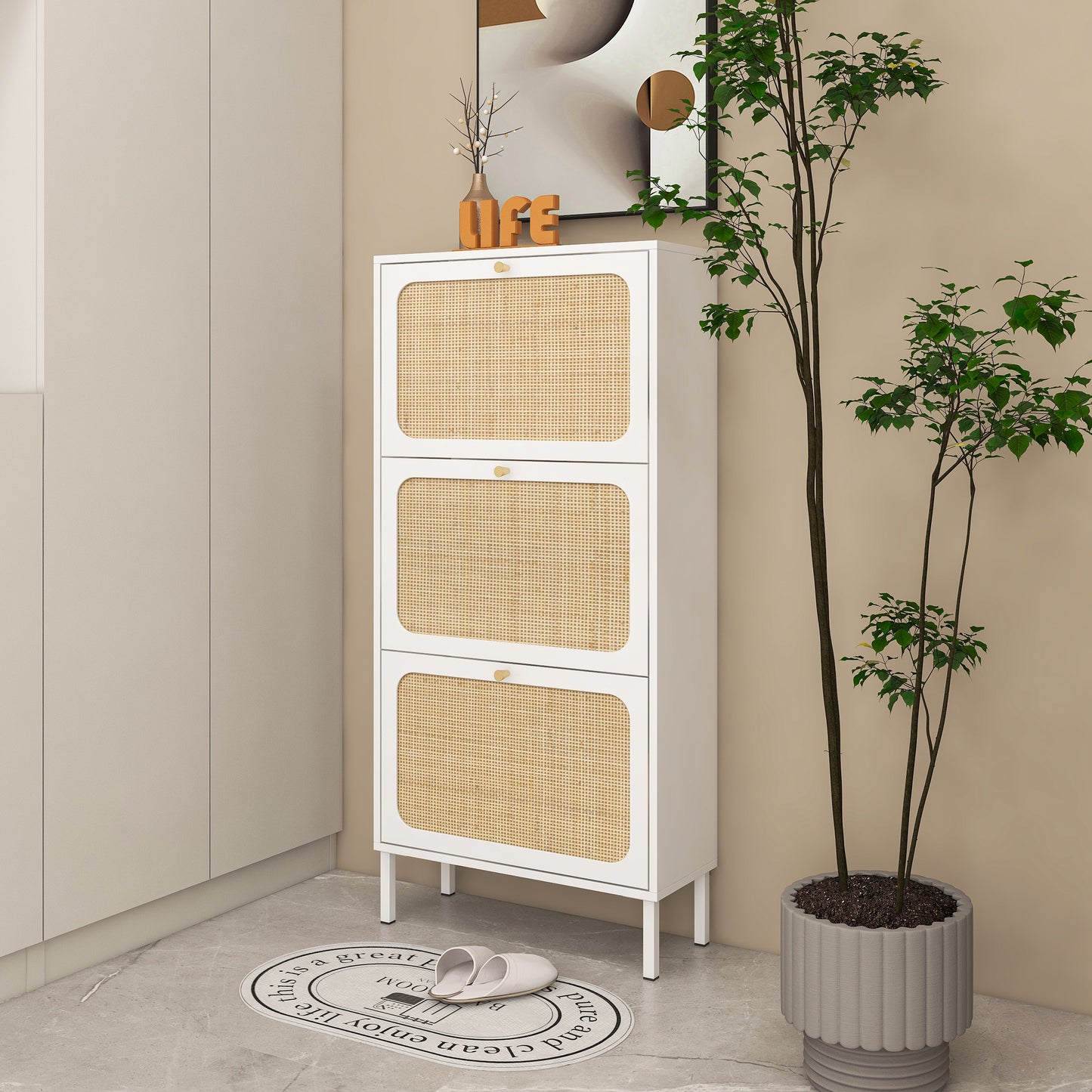 Segmart Shoe Cabinet with 3 Flip Drawers, Freestanding Narrow Shoe Rack with Woven Rattan Doors, Wood Natural Semi Circle Rattan Shoe Storage for Entryway, White