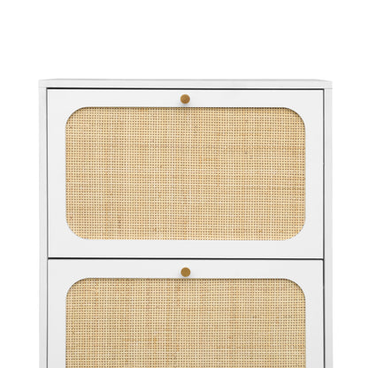 Segmart Shoe Cabinet with 3 Flip Drawers, Freestanding Narrow Shoe Rack with Woven Rattan Doors, Wood Natural Semi Circle Rattan Shoe Storage for Entryway, White