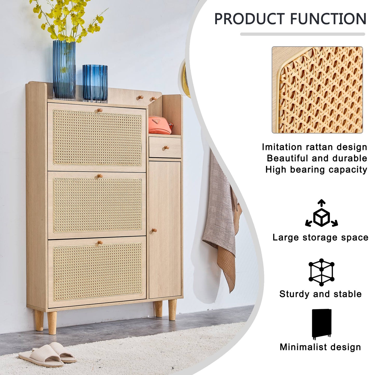 Segmart Shoe Cabinet, Modern Storage Cabinet with 3 Woven Rattan Flip Drawers, Small Drawer, Narrow Cabinet, Organizer for Hallway, Bedroom, and Entryway, Natural