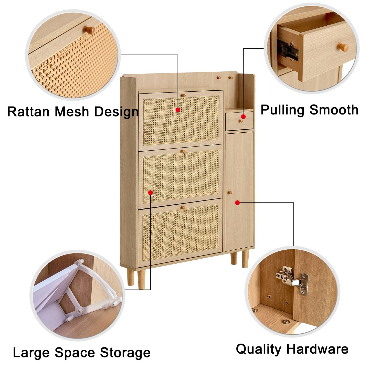 Segmart Shoe Cabinet, Modern Storage Cabinet with 3 Woven Rattan Flip Drawers, Small Drawer, Narrow Cabinet, Organizer for Hallway, Bedroom, and Entryway, Natural