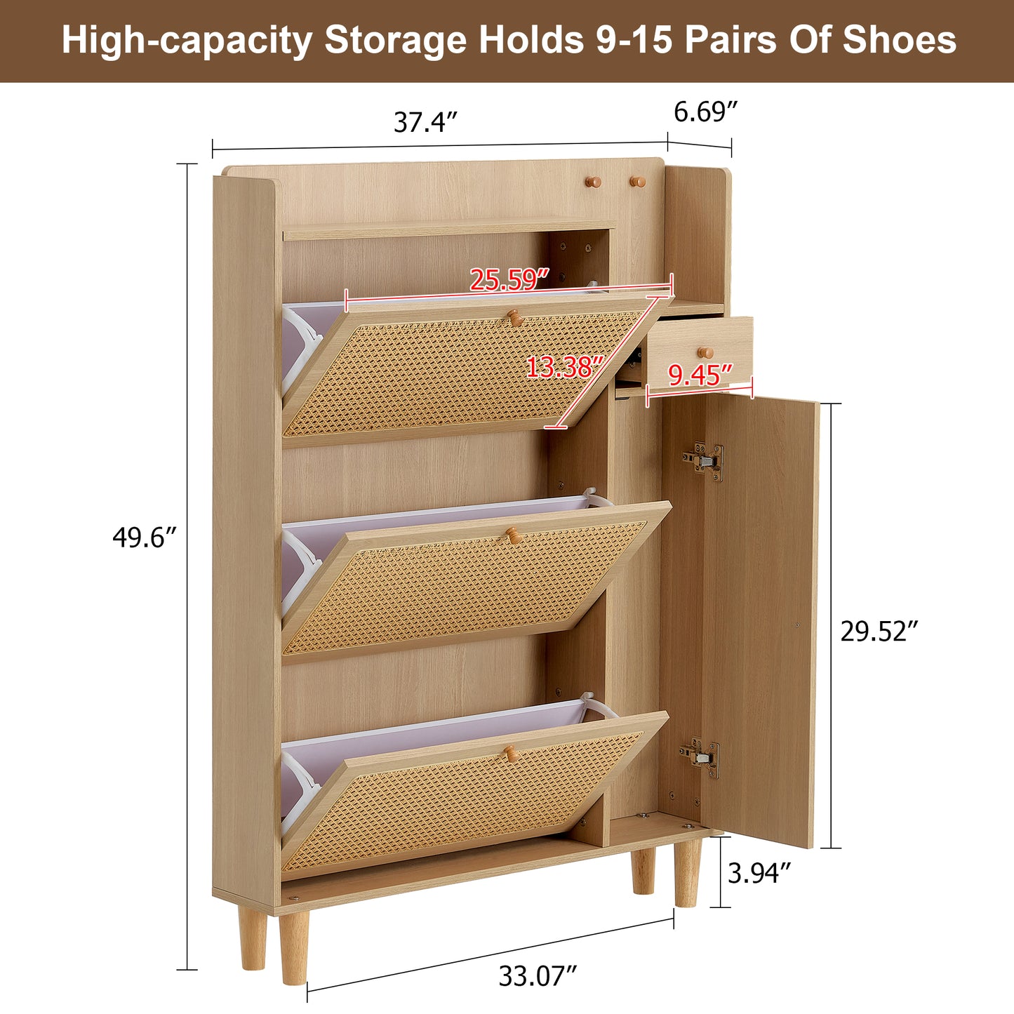 Segmart Shoe Cabinet, Modern Storage Cabinet with 3 Woven Rattan Flip Drawers, Small Drawer, Narrow Cabinet, Organizer for Hallway, Bedroom, and Entryway, Natural