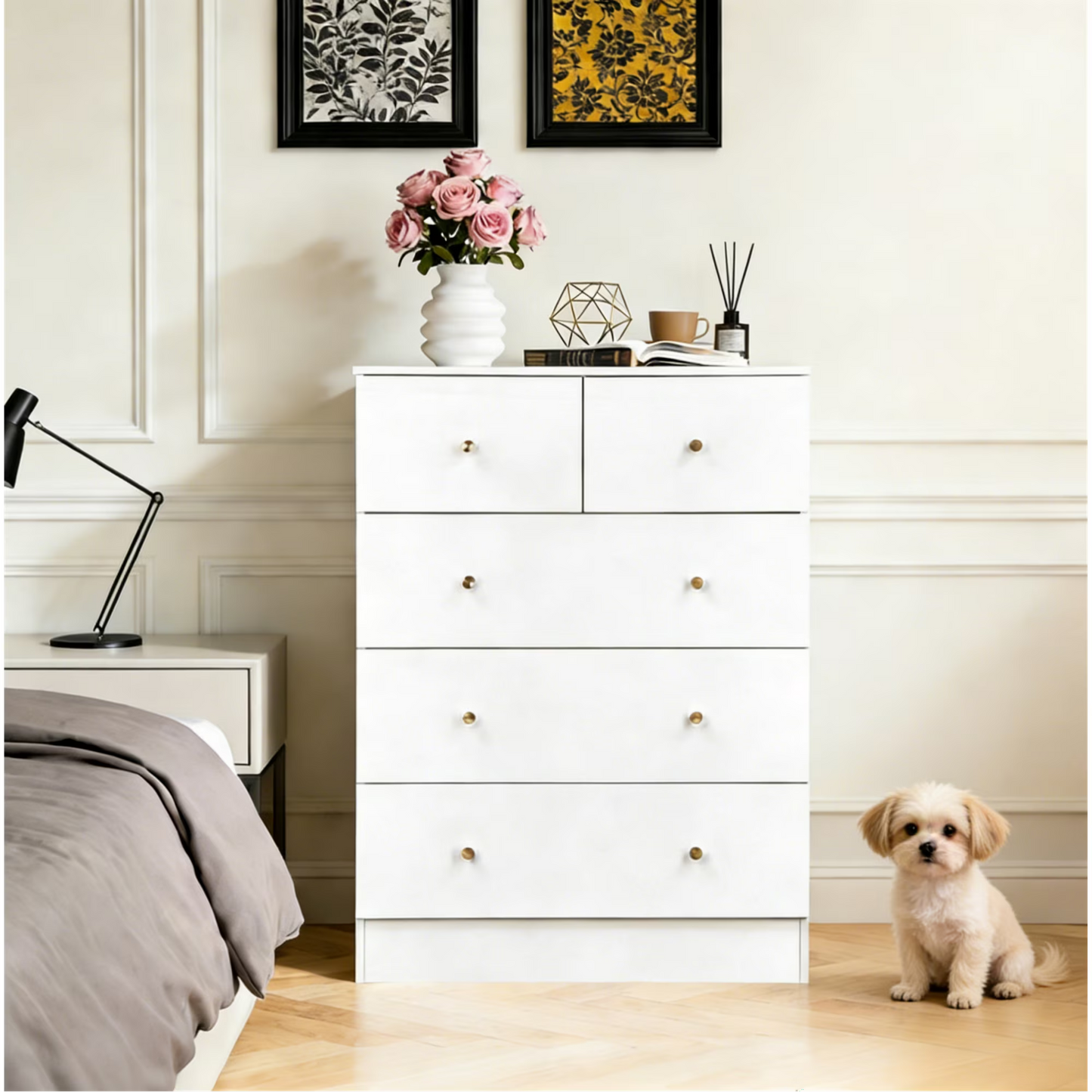Enyopro 5 Drawer Dresser for Bedroom,Modern White Wood Storage Cabinet with Large Organizer, Tall Chest of Drawers for Living Room, Kids Room and Hallway