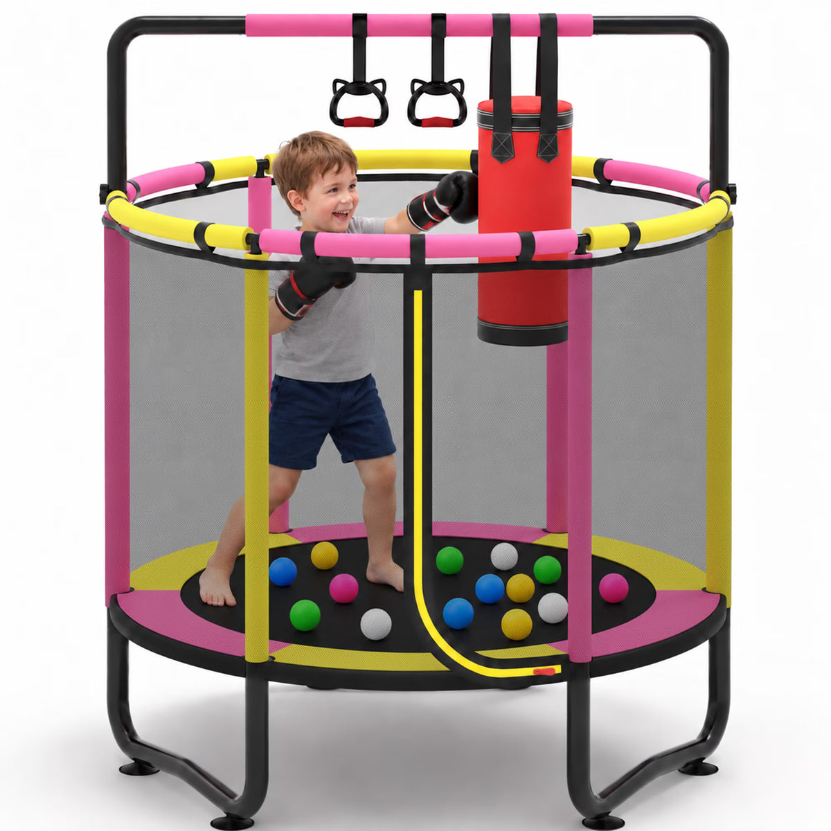 55” Kids Trampoline with Enclosure, SEGMART Indoor Trampoline, Small Trampolines for Kids, Mini Trampoline with Sandbag, Rings, Ocean Balls, Birthday Gifts for Boys, Girls