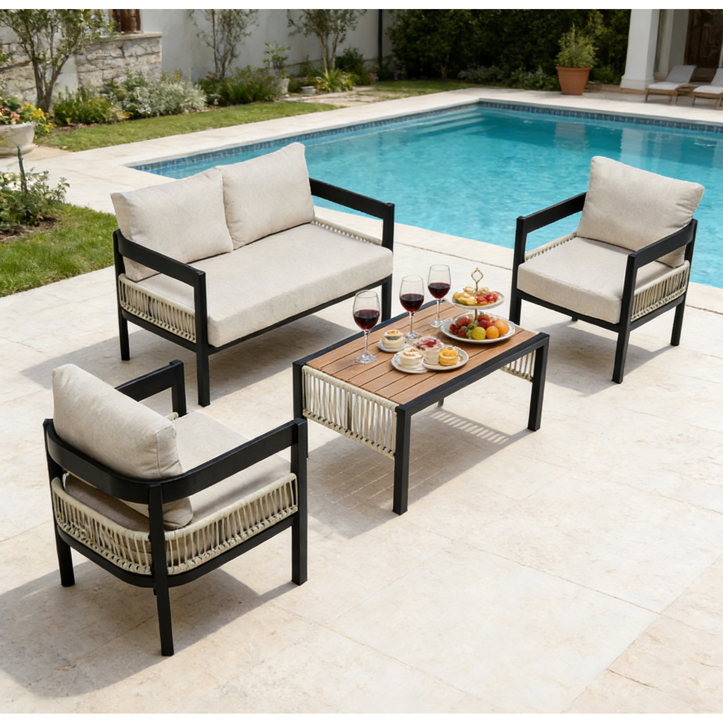 Syngar 4-Piece Patio Furniture Set,Outdoor Sofa Set,Weather-Resistant Metal + Rattan with with wooden Table & Waterproof Cushions, All-Weather Garden Lawn Outdoor Conversation Set,Beige