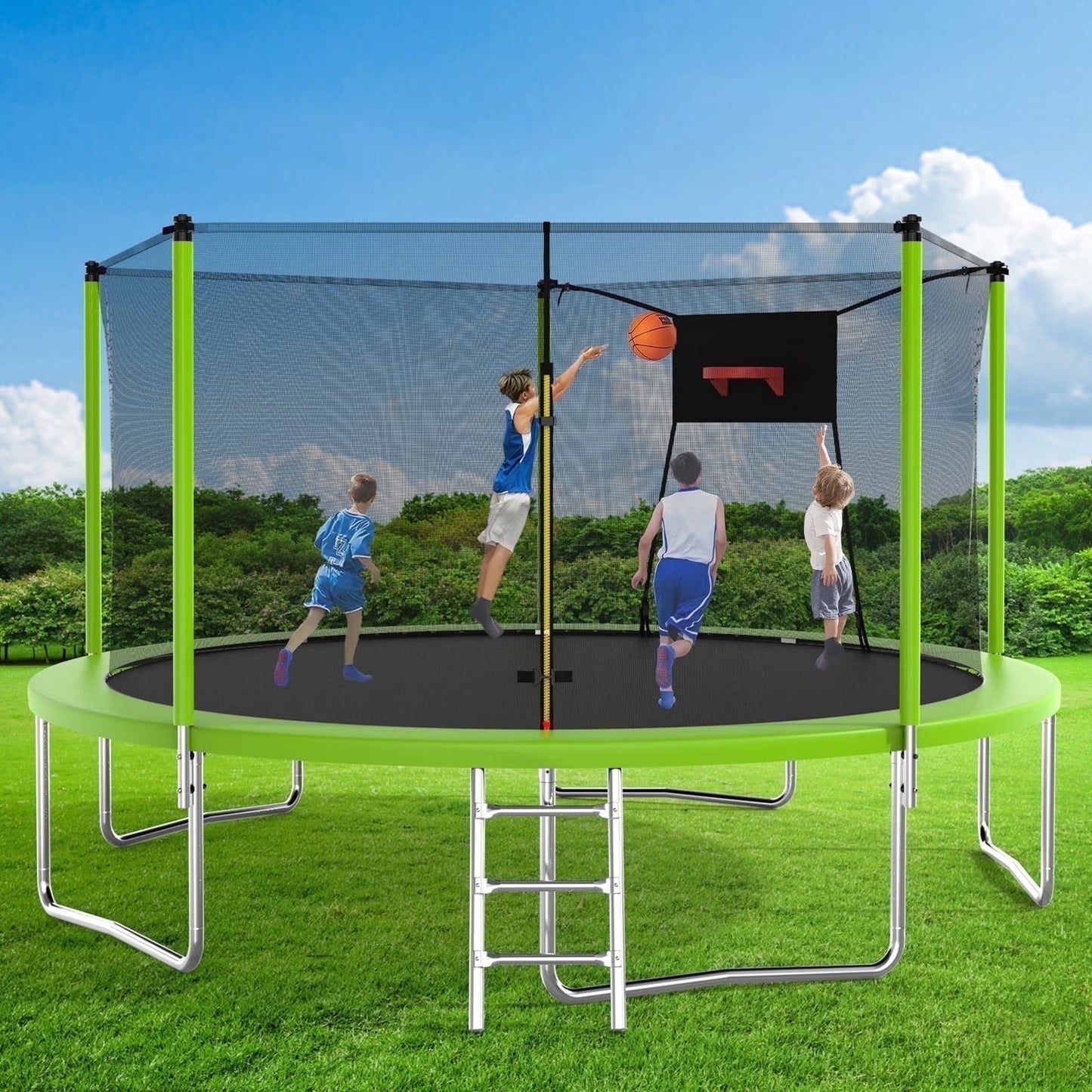 14FT Recreational Trampoline with Enclosure Net and Ladder, SEGMART Outdoor Trampoline with Basketball Hoop, Backyard Trampoline, Heavy Duty Round Trampoline for Kids and Adults