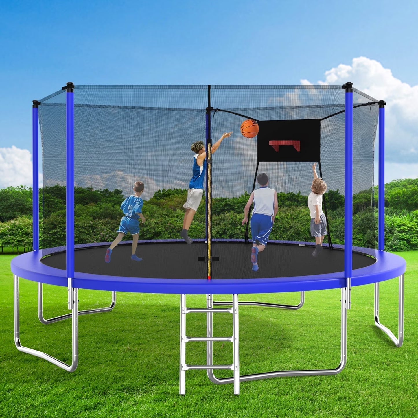 14FT Recreational Trampoline with Enclosure Net and Ladder, SEGMART Outdoor Trampoline with Basketball Hoop, Backyard Trampoline, Heavy Duty Round Trampoline for Kids and Adults